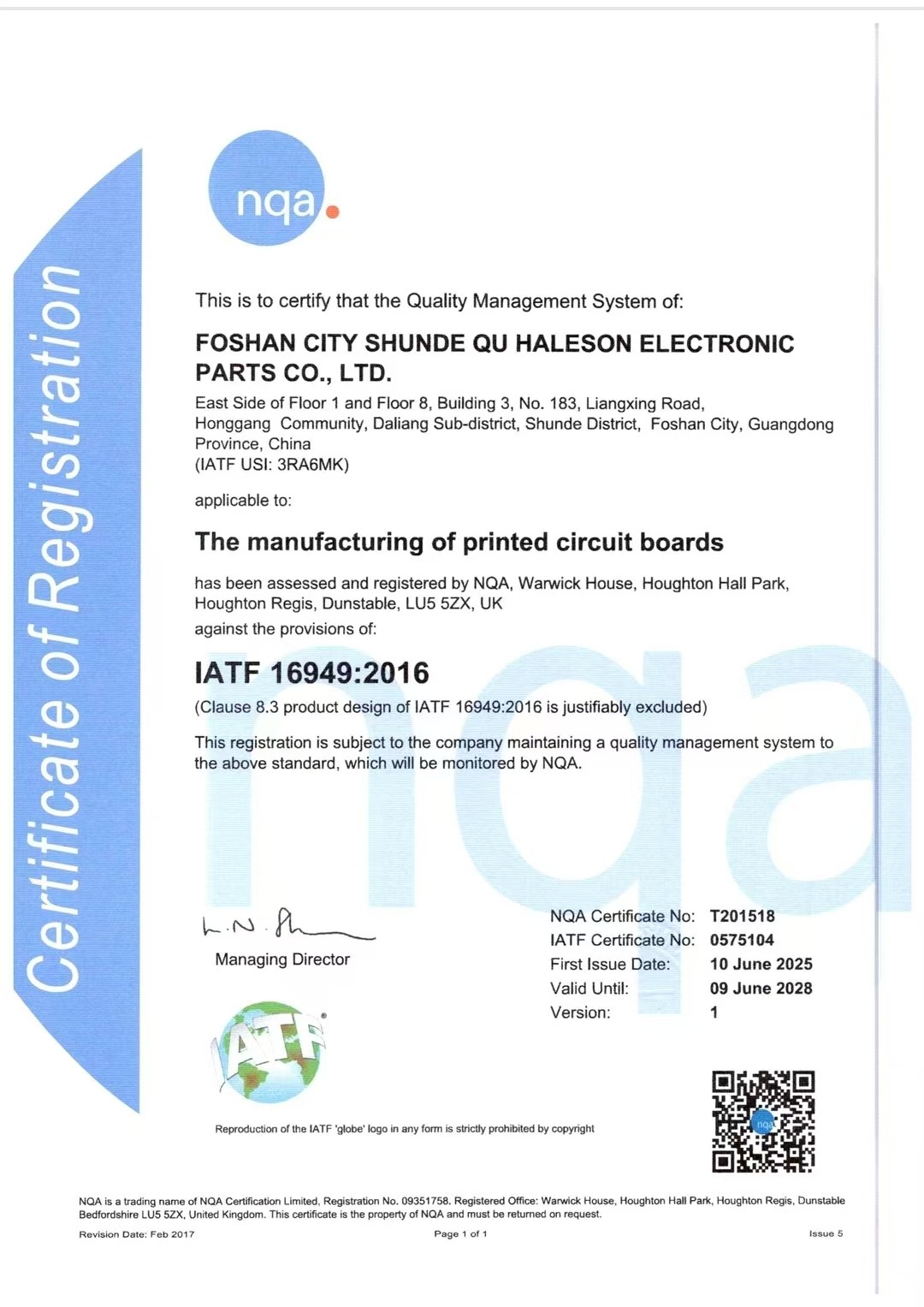 Foshan Haleson IATF 16949 : 2016